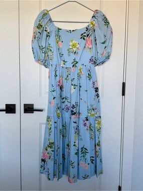 Eliza J Blue Pink Floral Puff Sleeve Midi Dress Wedding Guest Size 2
